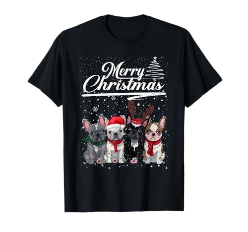 French Bulldog Merry Christmas Lights Reindeer Elf Santa T-Shirt