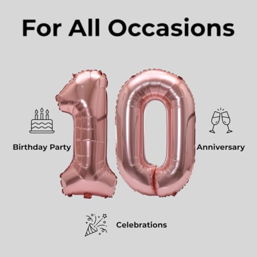 Image of Number 10 Balloon Foil Mylar Balloons for Birthday Party Decoration (Rose Gold, 32 Inch)