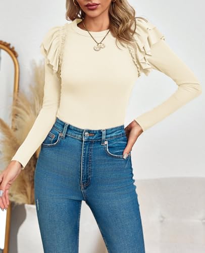 Image of Tankaneo Womens Ruffle Long Sleeve Shirts Fitted Ribbed Knit Tops Fall Casual Crew Neck Tees