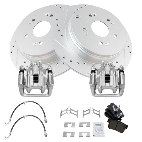 TRQ Rear Brake Pad and Rotor Set Semi Metallic Slotted Drilled G Coated Rotors Calipers Compatible with 2007-2011 Honda CR-V by TRQ - Image 3