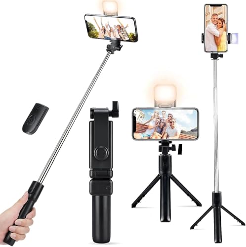 Image of Selfie Light Stick with Tripod Stand, 3 in 1 Multifunctional design, Rechargable LED Light with Two Brighness Levels for Make up, Selfie, Vlogging & Photo Shoot,70cm Selfie stick with Bluetooth Remote