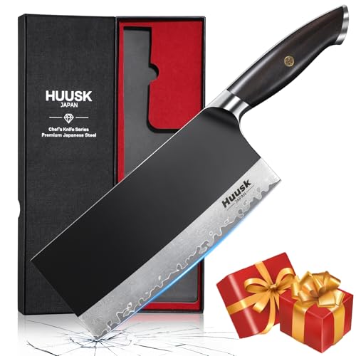 Huusk Butcher Knife for Meat Cutting, 7.5 inch Meat Cleaver Professional Chopping Knife, Full Tang Chef Knives with Damascus Texture, Japanese Cooking Knives, Gift for Men