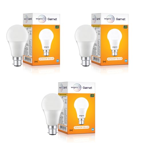 Image of wipro Garnet 9W Motion Sensor LED Bulb for Modern Home | 4 Meter Radius Sensor Area | Auto Off After 60 Seconds Inactivity | Cool Day White (6500K) | Pack of 3