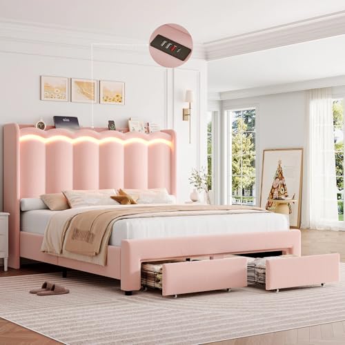HIFIT Queen Upholstered LED Bed Frame with Charging Station and