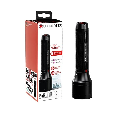 Ledlenser P6R Core QC | 2020 | LED Rechargeable Torch, White, Red, Green, Blue Light Modes, 270lm, Up to 110h Battery, Strobe, Focusable 335m Beam, IP54, Camping, Hiking, Fishing, Hunting, Emergency