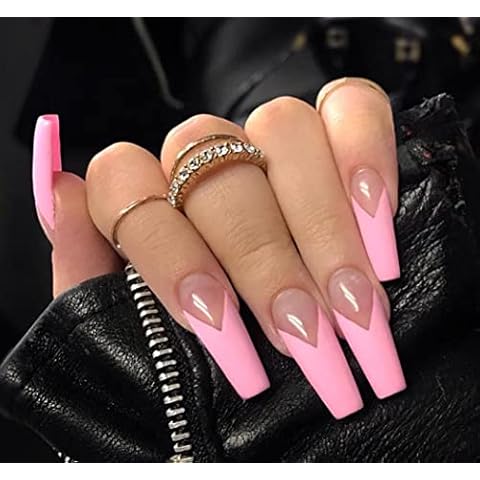 Vatocu Coffin Glossy False Nails French Pink Fake Nails Long Nude Press on Nails Full Cover Ballerina Acryl Stick on Nails for Women and Girls Cover