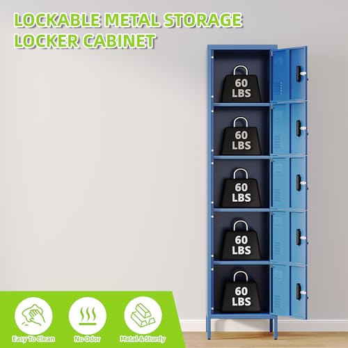 Image of Aobabo 16 inch W 5 Door Metal Storage Locker with Lock, 66 inch H Steel Locker with Name Card Holder and Metal Leg for School, Home, Office, Playroom, Assembly Required, Blue