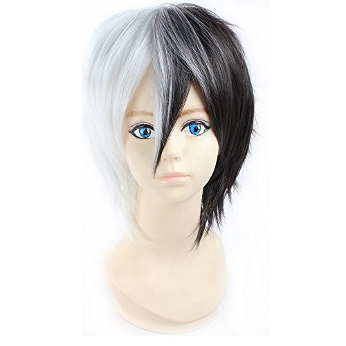 RightOn Men's Short Straight Layered Cosplay Party Wigs with Wig Cap (Black Mixed White)
