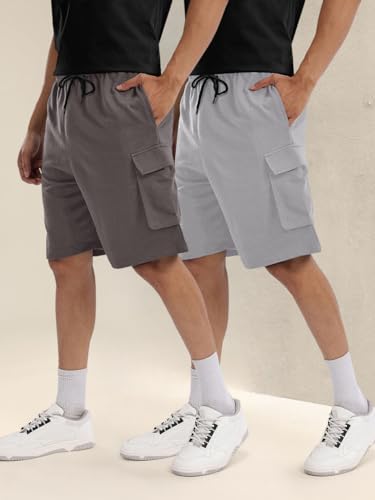 Image of Pinkmint Cargo Shorts for Men Pack of 2 Cotton Lycra Training Gym Shorts for Men Casual Workout Lightweight Summer Shorts with Dual Side Pockets Half Pant for Running, Gym, Walking, Travel