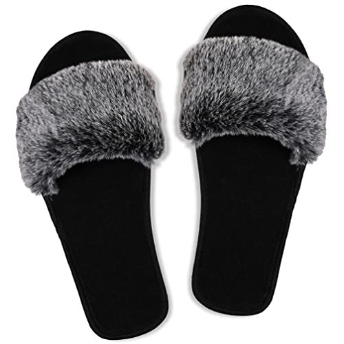 Image of womens Top Fuzy + Tery Black-open-f Slide Sandal
