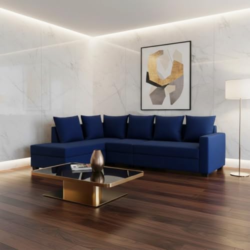 Image of FURNY Gloria 6 Seater Fabric LHS L Shape Sofa Set (Dark Blue) Premium Velvet Finish | Durable Comfort | Ideal for Living Room