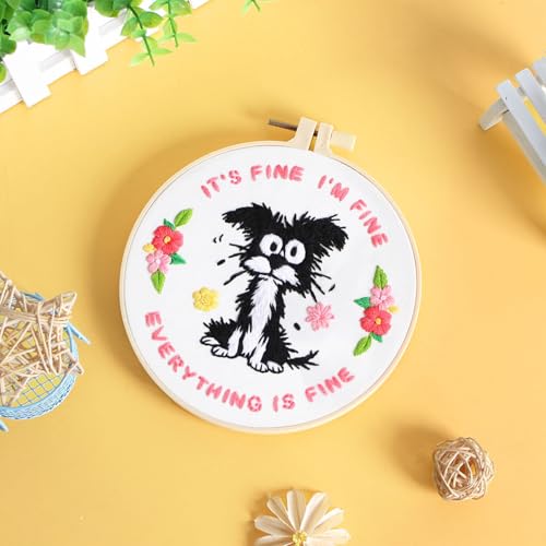 Image of Louise Maelys Funny Dog Embroidery Kit for Beginners Floral Craft | Cross Stitch Kits with Pre-Printed Fabric, Embroidery Hoop, Threads, Needles and Guide. Needlepoint Kit for Beginners