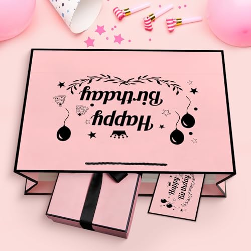 Image of JMANNI Happy Birthday Gift Bag, Pink with Black Satin Bow & Crown Design, Medium Birthday Present Bag for Party Favors, Size 12.60 inchx8.66 inchx4.33 inch
