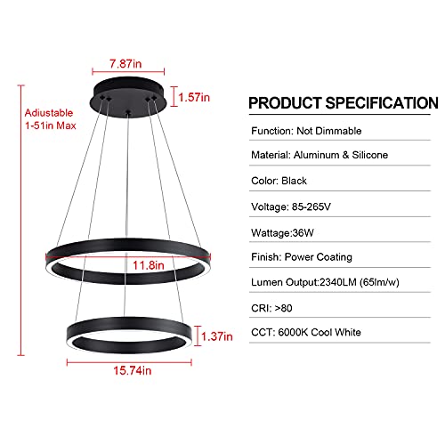 Image of MADEM Modern LED Pendant Light 2-Ring Circular Contemporary Chandelier | Room Decor Flush Mount Pendant Lighting for Living Dining Room Bedroom,6000K Cool White,36W,Black