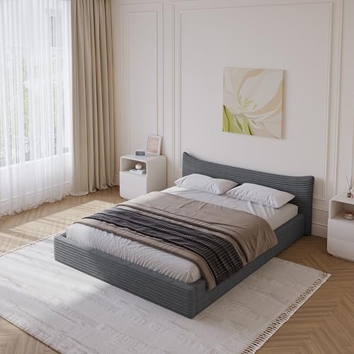 Olodumare Queen Size Upholstered Platform Bed Frame with Curved Headboard, Grounded Low Profile Bed, Solid Wood Frame & Velvet Fabric, No Box Spring Needed, Easy Assembly for Bedroom, Pearl Grey