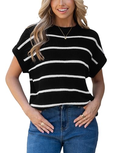 Image of CUPSHE Womens Knit Short Sleeve Sweater Striped Crew Neck Cap Sleeve Top Casual Pullover Tops
