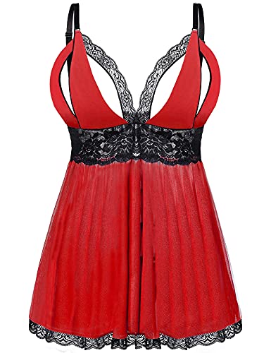 EVELIFE Femme Babydoll Ensemble Lingerie Grande Taille Dentelle Chemise Vêtement de Nuit Sexy Robe avec G-String(Rouge XXXXL)