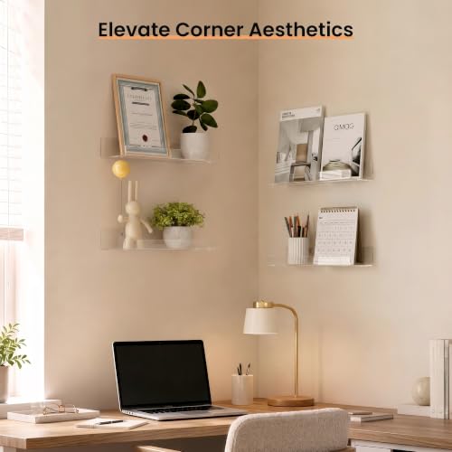 Image of upsimples 9 inch Acrylic Shelves, Small Shelf for Wall Decor and Display, 4 Pcs | Small Floating Shelf for Plants, Speaker, Toys, Invisible Wall Display for Bathroom, Bedroom, Living Room, Room Decor