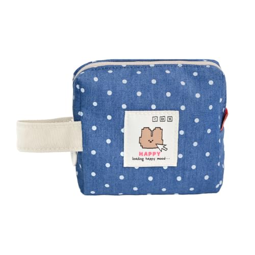 Image of Monolike Happy and Lucky Denim Dot Cube Pouch, Blue - Makeup Bag, Cosmetic Bag, Travel Bag, Toiletry Bag, Organizer, Storage Bag