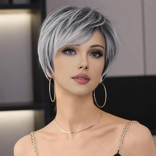 Creamily Pixie Cut Short Grey Wigs with Bangs Natural Fluffy Synthetic...