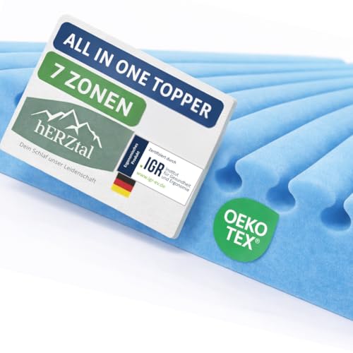 hERZtal 7-Zonen Gelschaum Topper 5cm-All in One Matratzenauflage mit Duo-Wendehärte H2/H3 Ergonomisch IGR-Zertifiziert-Sommer- & Winterseite-Made in Germany-Für Boxspringbett & Matratze (90x200 cm)