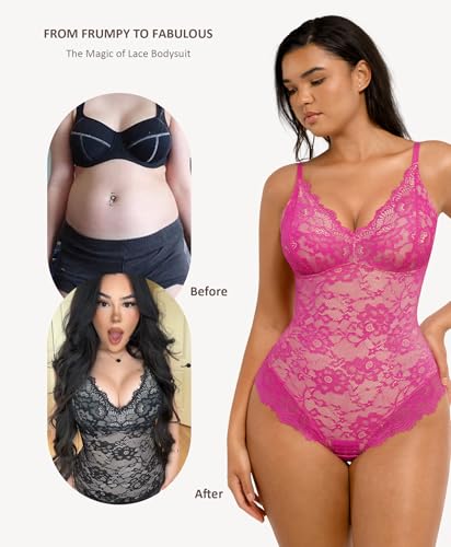 Image of FeelinGirl Shapewear Bodysuits for Women Lace Shapewear Tummy Control V-Neck Sleeveless Bodysuit Tops Jumpsuit