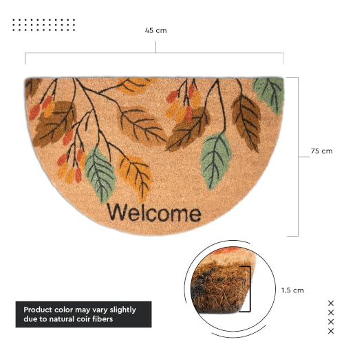 Image of Encasa XO Half Round Welcome Leaf Coir Doormat, Non-Slip Doormat 45x75 cm