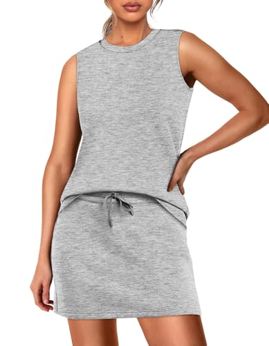 Image of WIHOLL Two Piece Skirt Sets for Women Summer Vacation Outfits Tennis Skirt Crew Neck Top Versatile Lounge Sets