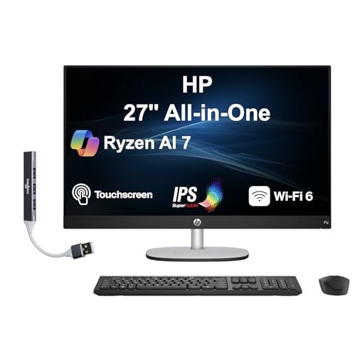 Image of HP 27 AI PC All-in-One 27 inch Touchscreen IPS FHD Display (AMD Ryzen AI 7 350, 64GB DDR5, 1TB PCIe SSD, AMD Radeon, WiFi 6, Webcam, Bluetooth 5.4, Win 11 Pro) w /DKZ USB Port Expander