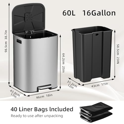 Image of KUK 16 Gallon Kitchen Trash Can with Lid, Heavy Duty Hands-Free Stainless Steel Commercial Step Trash Bin with Removable Inner Bucket, Pedal Rubbish Bin for Home Office and Kitchen, 60L /16Gal