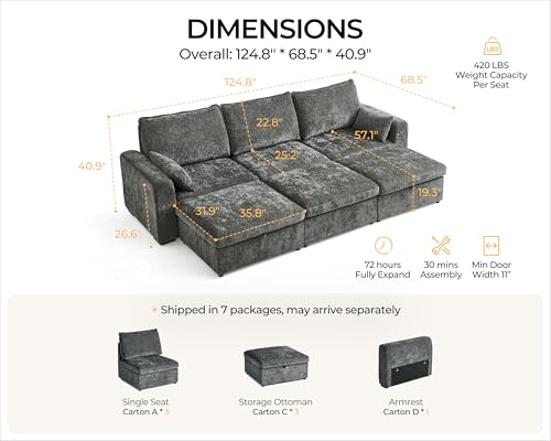 Image of 124.8'' Oversized Modular Sofa Comfy Cloud Couch with Storage, Deep Convertible Sectional Sleeper Sofa Bed for Living Room, Covers Washable, 6-Seater with 3 Ottomans, Chenille, Grey