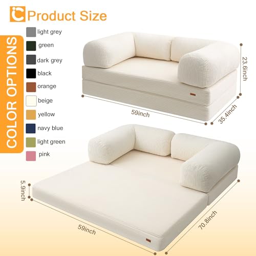 COMAX Folding Sofa Bed Queen, 4-in-1 Foldable Floor Couch Convertible Futon Sofa with Armrests Sleeper Mattress Chair Bed Comfy Portable Fold Out Lounge Guest for Living Room Bedroom, Beige