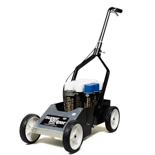 Fox Valley Traffic Super Striper Parking Lot Striping Machine – Complete Striping Kit for Clear & Precise Lines – Metal Marking Machine w/Super Supreme Spray Paint – Traffic White/Blue (12 Cans)