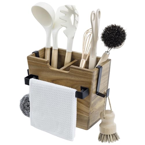 MyGift Premium Acacia Wood Wall Mounted Utensil Holder Bin with