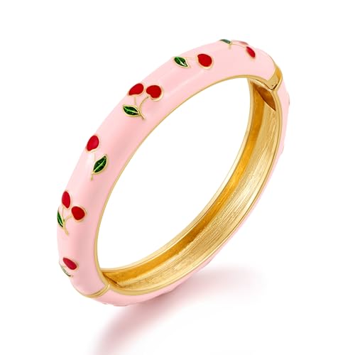 Colorful Hinged Bangles Bracelets for Women Cute Fruit Cherry Multicolor Flower Enamel Gold Bracelets Statement Wide Chunky Bracelet
