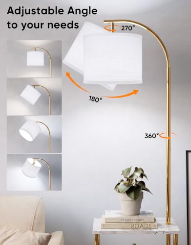 Image of PARTPHONER Floor Lamp with Table, Night Stand with Lamp, Narrow Side Table with 3CCT LED Bulb, Small Coffee Table, Modern End Table with Storage Shelves for Living Room, Marble White and Gold Poles