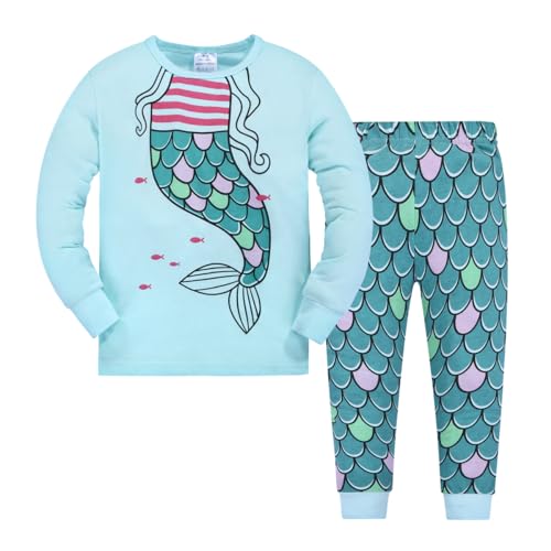 MIA LUCCE Mädchen Scalafanzug Baumwolle Langarm-Warm Winter Kinder Pyjama-Zweiteilig Nachtwäsche 98-122(98,Blaue Meerjungfrau)