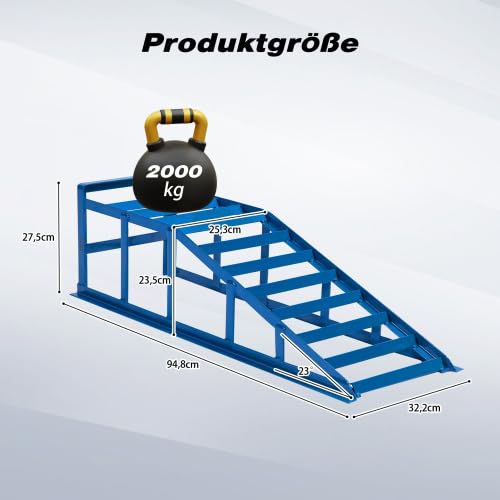 Ponte sollevatore per auto, 2000 kg, set di 2 rampe idrauliche, ingresso piatto a 23°, per cambio olio e cura dell'auto, in acciaio, 94,8 cm, blu
