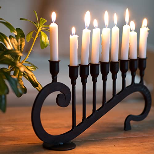 Stur-De Hanukkah Menorah 9-Branch Hanukiah - Decorative Menorahs For Chanukah, Handmade Iron Candlestick Holder - Compatible With Small Menorahs Hannukah Candles - Black, 15.35" L X 3" W X 8" H #TOP1