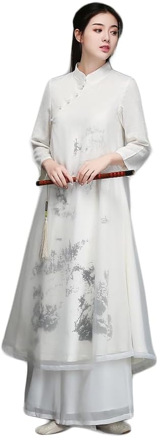 [UpdateClassic] アオザイ風ドレス ワンピース パンツ付き パーティドレス チャイナドレス 七分袖 重ね着風 茶道衣装