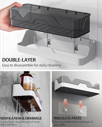 Image of Dwain Bathroom Organiser Without Drill Self Adhesive Shelf | Wall Mounted Bathroom Rack Organizer | Corner Storage Shelf for Shampoo Soap | Plastic Bathroom Stand(Pack of 2)
