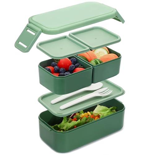 Bugucat Bento Lunch Box 1300ML,2 in 1 Stackable Lunch Box Bento Boxes,2 Layer 3 Compartments Leak Proof Lunchbox for Adults Kids,Snack Box Lunch Box with Compartments for School Office Camping Green
