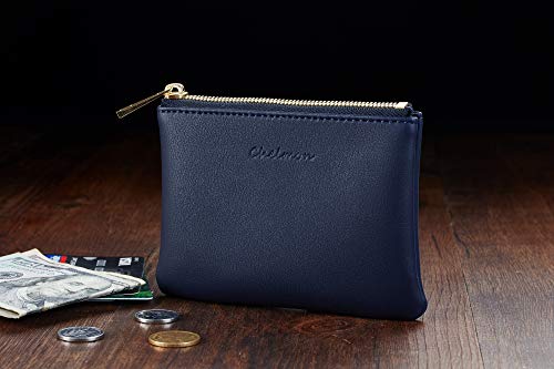 Image of Chelmon Leather Coin Purse Pouch Change Purse with Zipper for Men Women (Blue Navy)