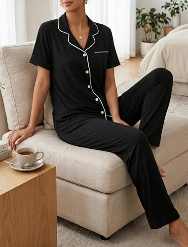 Image of ZMJ Womens Pajamas Sets 2 Piece Button Up Pj Sets Short Sleeve with Long Pant