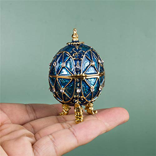 YU FENG 2.6inch Blue Faberge Egg Trinket Box Collectible,Hand-Painted Easter Egg Crystal Jeweled Jewelry Box Hinged Christmas Gift