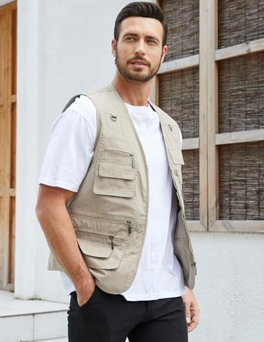 Image of Gihuo Men's Fishing Vest Utility Safari Travel Vest with Pockets Outdoor Work Photo Cargo Fly Summer Vest