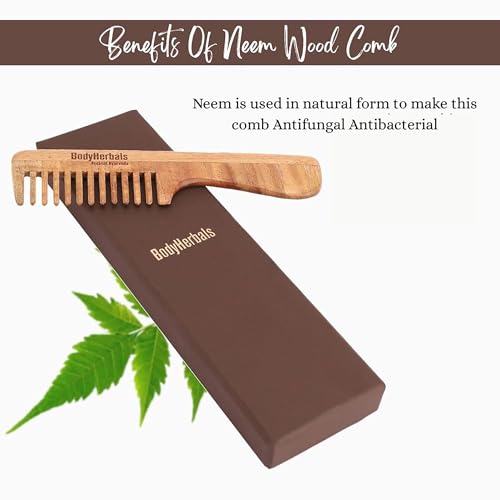 Image of BodyHerbals Dressing Comb, Handle Rake comb, 100% Neem Wood, Hand Made with Design in Gift box (Cream)