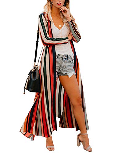 Women Striped Print Kimono Cardigan Multicolor Cover up Shawl Capes 2XL