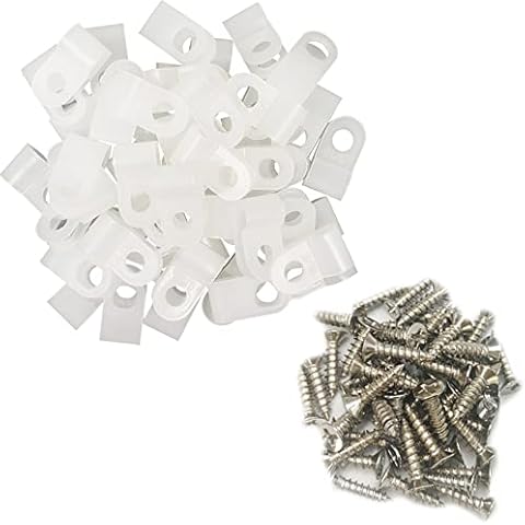 Alamic Cable Clamp R-Type Cable Clip Wire Clamp 3/16" Nylon Screw Mounting Cord Fastener Clips with Screws for Wire Management - White - 50 Pcs Cover