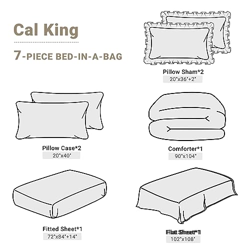 JOLLYVOGUE Beige Cal King Size Comforter Sets 7 Pieces, Pintuck Bed in a Bag Comforter Set for Bedroom, Bedding Comforter Sets with Comforter, Sheets,Ruffled Shams & Pillowcases